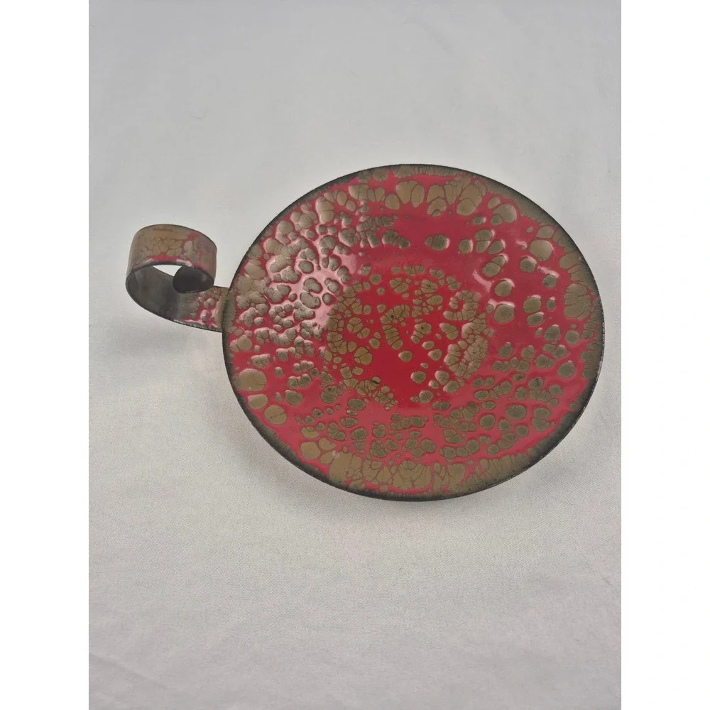 Vintage MCM Enamel Copper Candle Holder Red Gold Lava Glaze Chamberstick 4.5